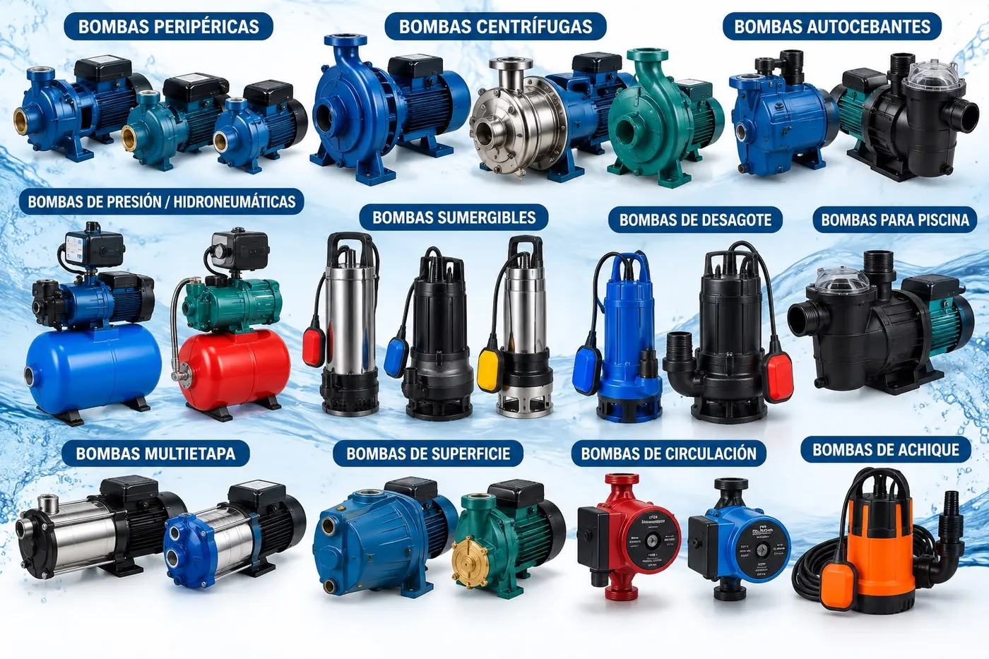 Variedad de electrobombas de agua: periféricas, centrífugas, autocebantes, de presión, sumergibles, de desagote, para piscina, multietapa, de superficie, de circulación y de achique