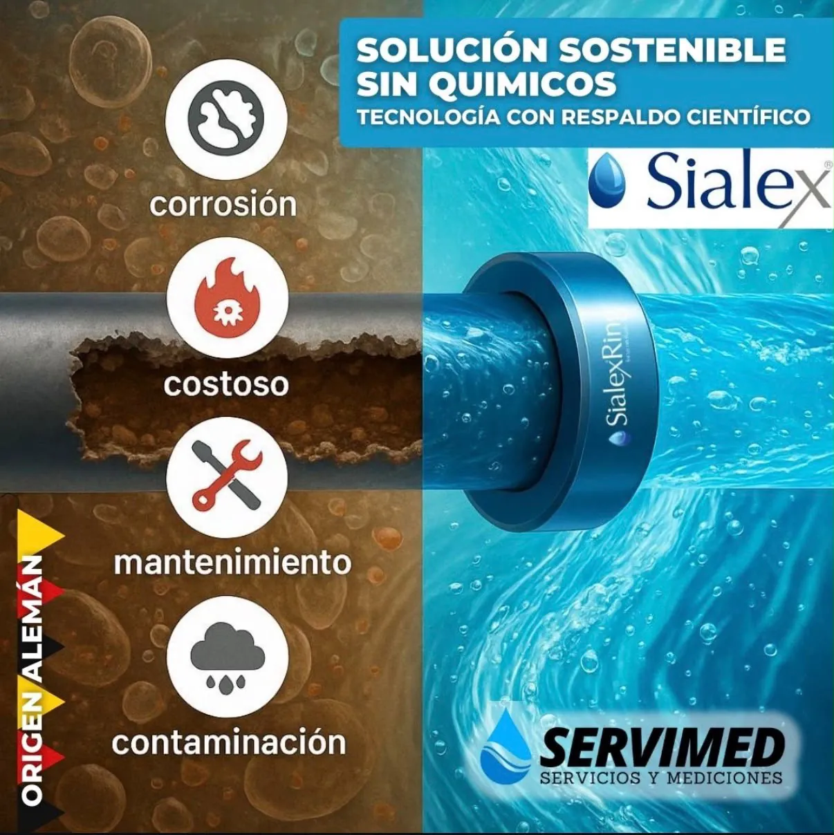 Pieza de Sialex® y SERVIMED: solución sostenible sin químicos, de origen alemán, instalada en una cañería